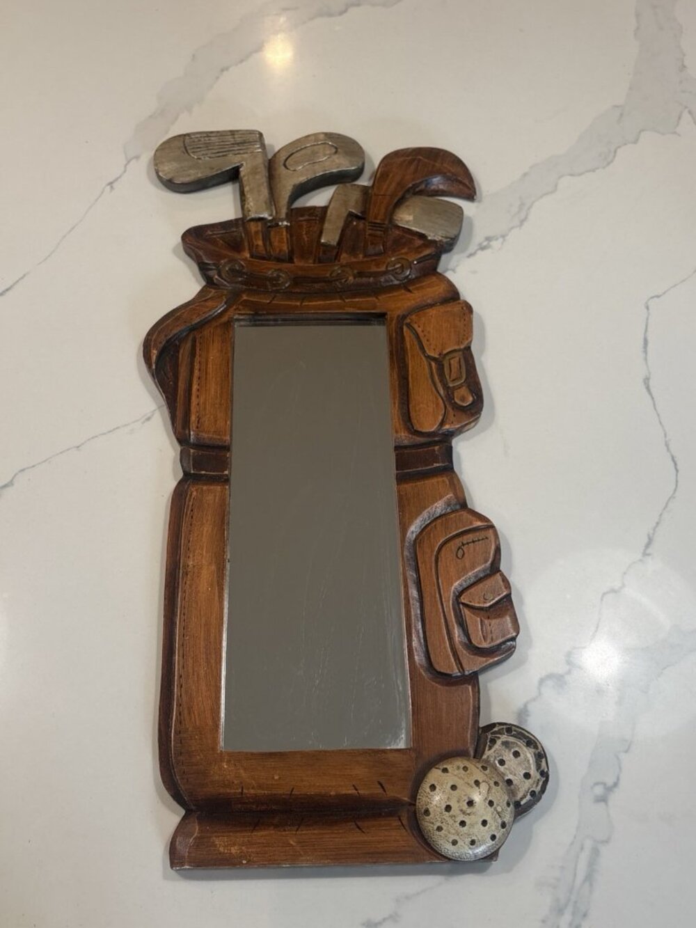 Vintage Wood Golf Bag carved Wall Mirror Decor Clubs And Balls Folk Art Style